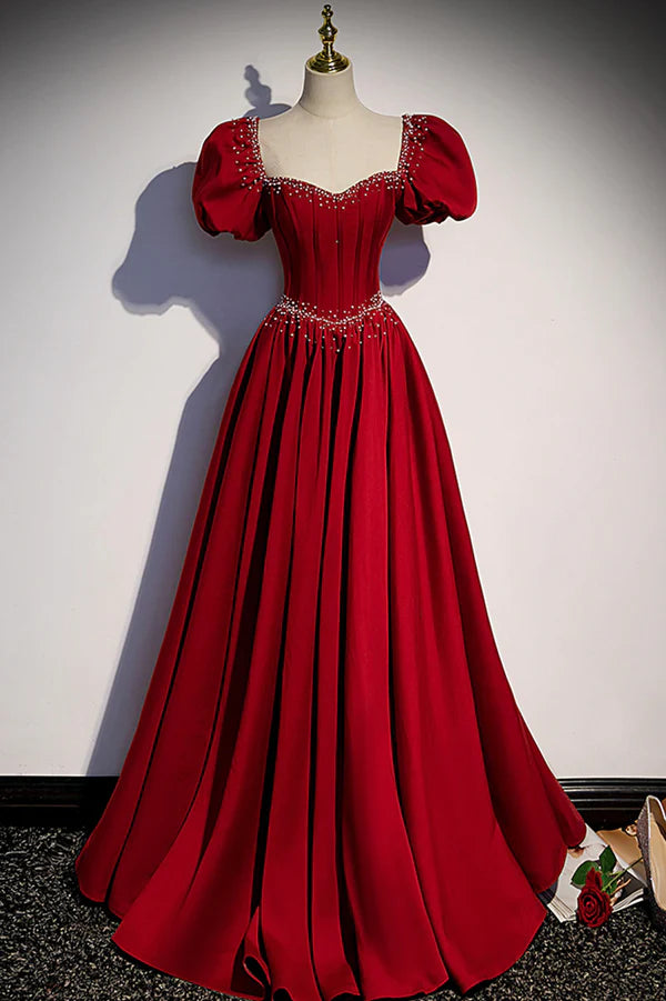 Wholesale Red Satin Long Prom Dress Cute Short Sleeve Evening Graduation Dress